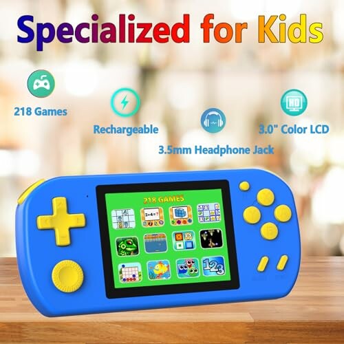 Kids handheld gaming device with various features displayed.