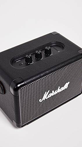 Black Marshall Bluetooth speaker with control knobs.