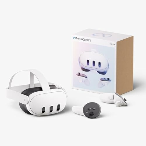 Meta Quest 3 VR headset with controllers and packaging.