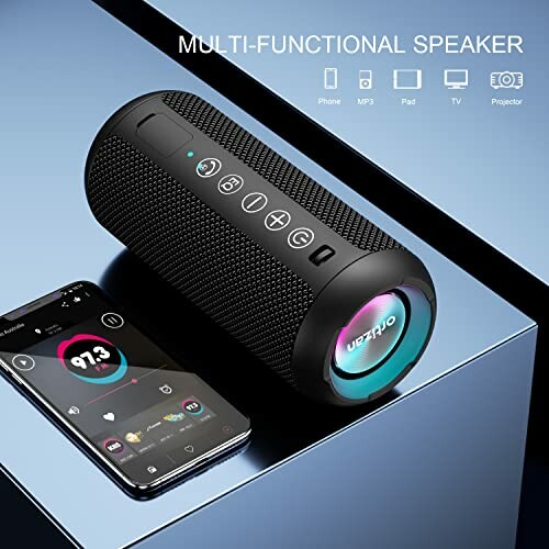 Multi-functional Bluetooth speaker with smartphone app interface.