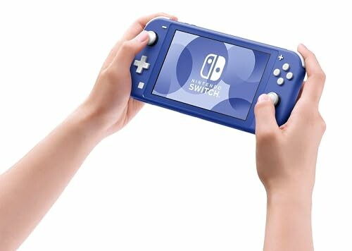 Hands holding a blue Nintendo Switch Lite