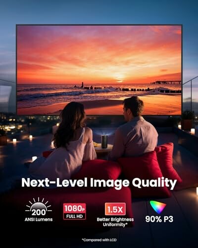 Couple watching a sunset on a large outdoor screen with text highlighting image quality features.