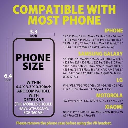 Phone compatibility guide for various models including iPhone, Samsung, LG, Motorola, Xiaomi.