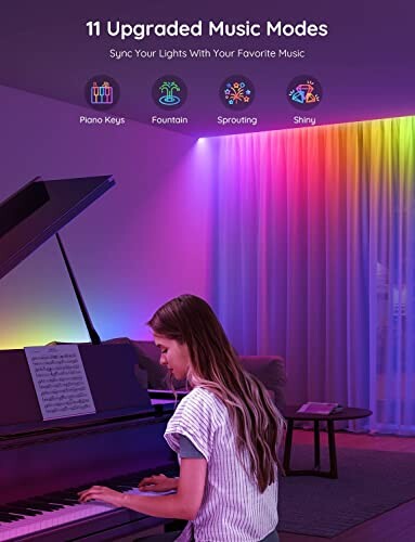 Person playing piano with colorful LED lights and music modes.