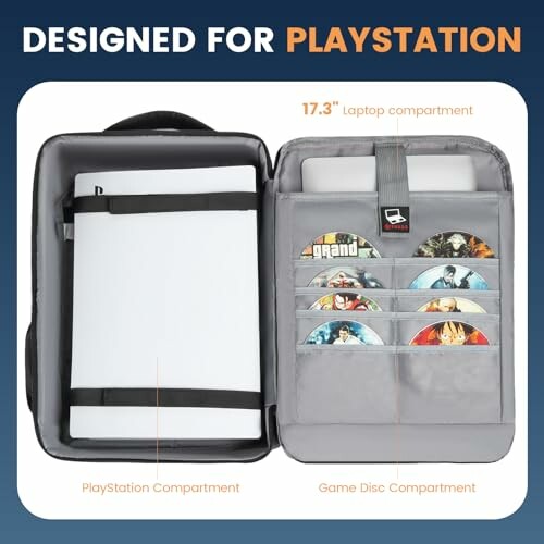 Bag with compartments for PlayStation, laptop, and game discs.