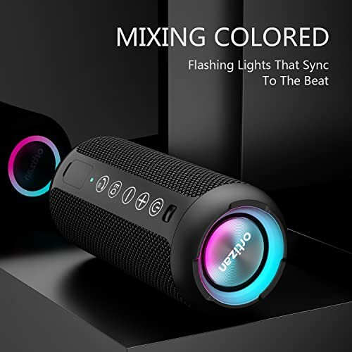 Portable Bluetooth speaker with colorful lights syncing to the beat.
