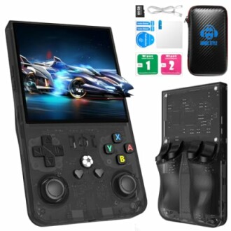 Portable gaming console with screen, accessories, and protective case.