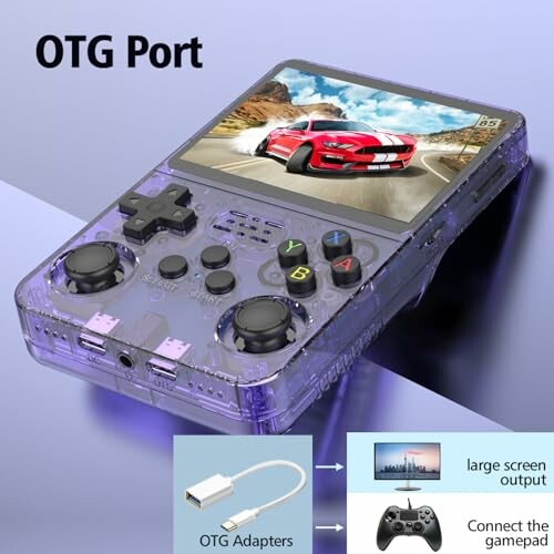 Transparent portable gaming console with OTG port and screen, showing a racing game;