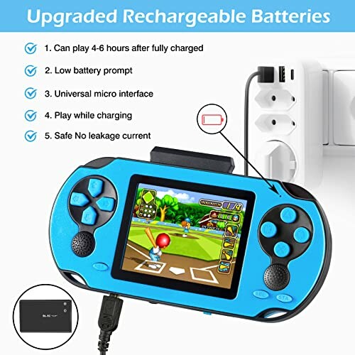 Blue portable gaming console with rechargeable batteries and charging features.