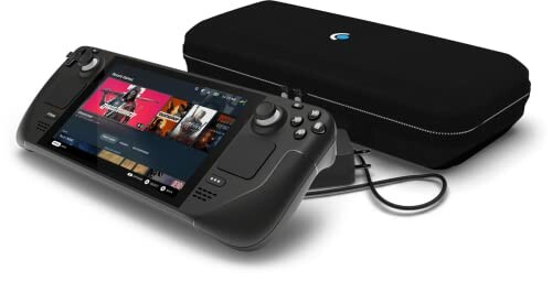 Portable gaming console with case and screen displaying game selection.