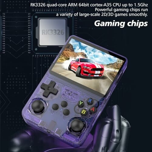 Handheld gaming console with car racing game on screen.