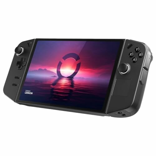 Handheld gaming console with screen displaying a sunset scene.