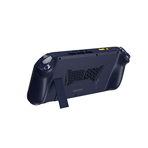 Back view of a portable gaming device with a stand.