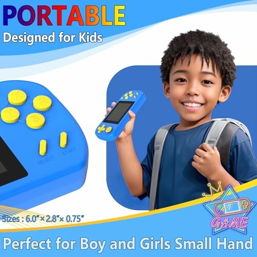 Child holding a blue portable handheld game console, suitable for kids.