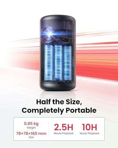 Compact portable projector with specifications highlighted