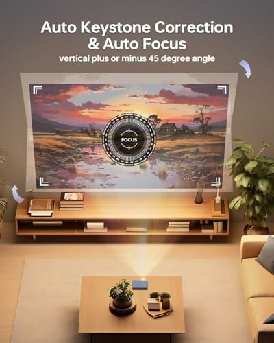 Living room with a projector displaying auto keystone correction and focus on a screen.