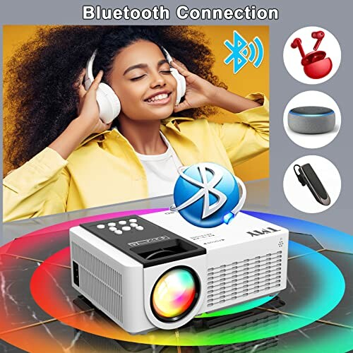 Projector with Bluetooth connection options and a person listening to headphones.