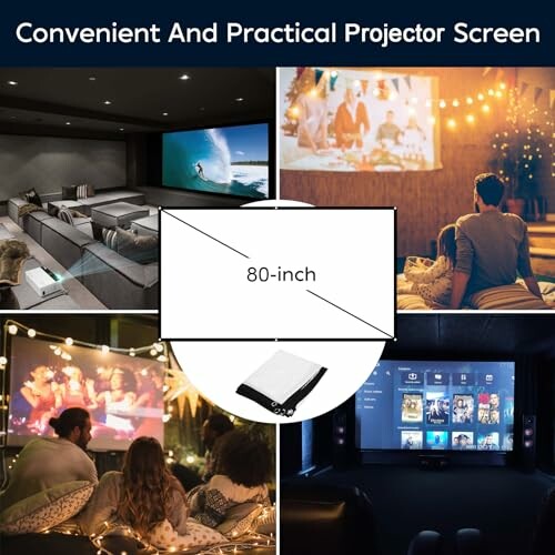 Collage of home theater setups with an 80-inch projector screen.