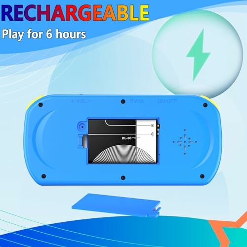 Back view of a blue rechargeable device with battery compartment.