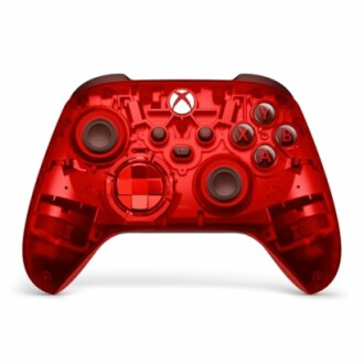 Red transparent gaming controller with buttons.