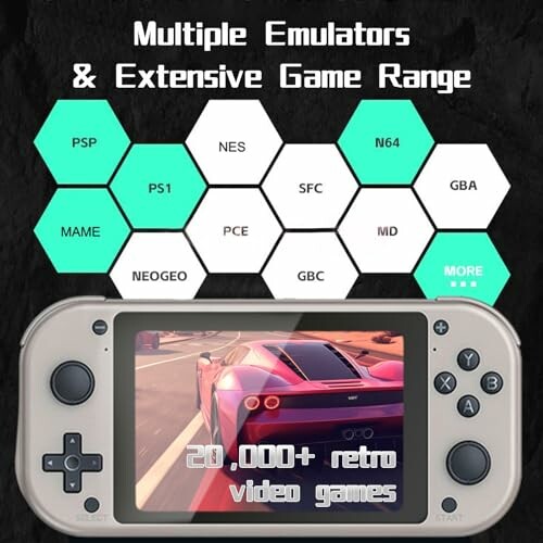 Handheld console with multiple emulators and extensive game range.