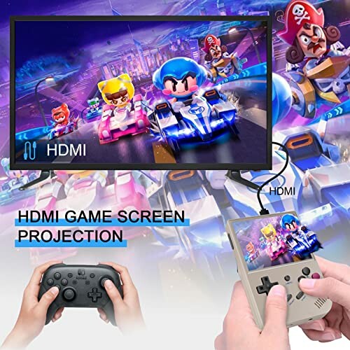 Retro game console projecting onto a screen with HDMI connection.