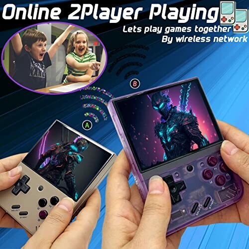 Two people playing games on retro handheld consoles with wireless connectivity.