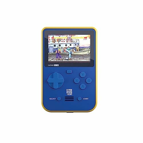 Blue retro handheld game console displaying a fighting game.
