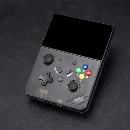 Retro handheld gaming console with buttons and joystick on dark background.