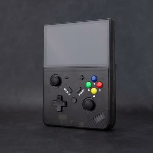 Retro handheld gaming device with buttons and screen.