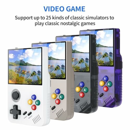 Four retro handheld gaming devices with color buttons and screens.