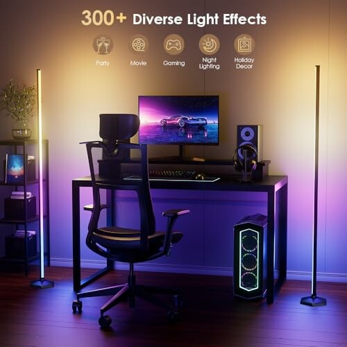 RGB gaming setup with diverse light effects and computer desk.
