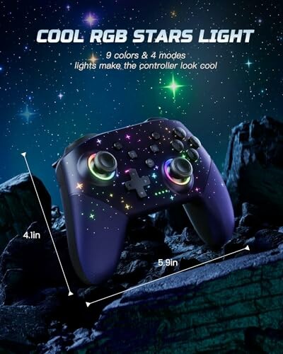 RGB gaming controller with starry lights against a starry night sky.