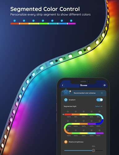 LED strip with segmented color control displayed on a smartphone app.