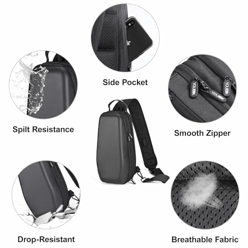 Sling backpack with features: side pocket, split resistance, smooth zipper, drop-resistant, breathable fabric.