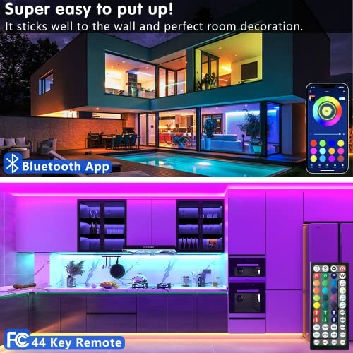 Smart LED lighting setup with Bluetooth app and remote control.
