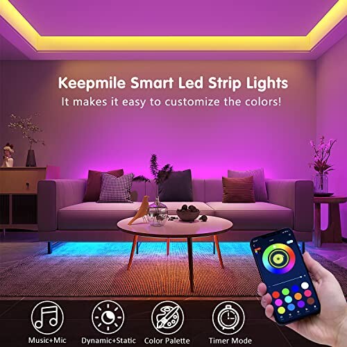 Living room with smart LED strip lights and smartphone app control.