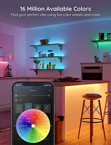 Smartphone app controlling colorful LED lights in a modern kitchen.