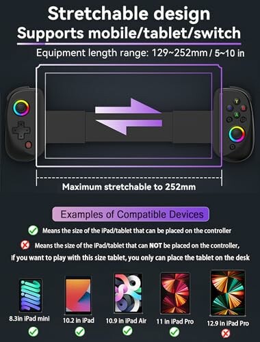 Stretchable controller supporting mobile, tablet, switch with compatibility examples.