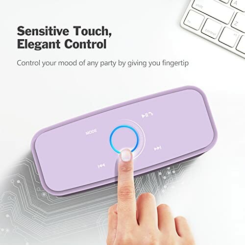 Finger touching a purple speaker control with text highlighting sensitive touch and elegant control.
