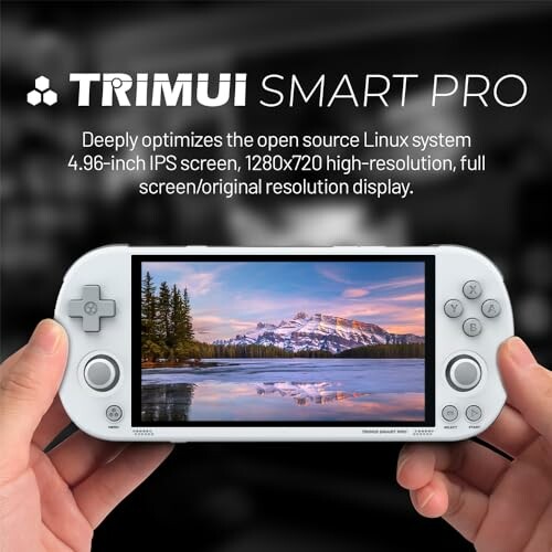 Trimui Smart Pro handheld console with landscape image on screen.