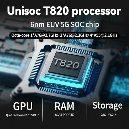 Unisoc T820 processor specifications with 6nm EUV 5G SOC chip details.