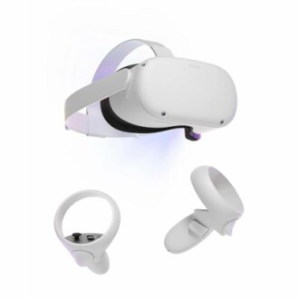 Virtual reality headset with two controllers.