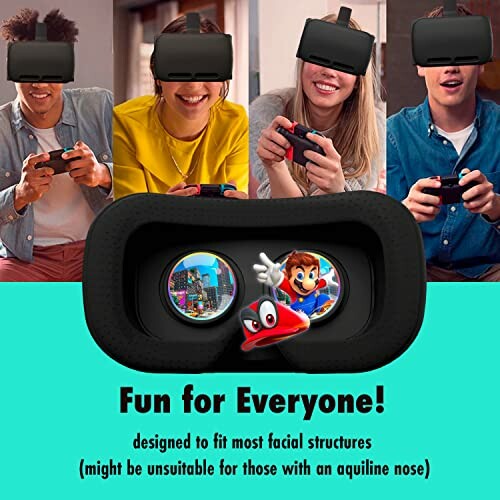 Group of people wearing VR headsets and gaming, with a VR perspective showing a game character.