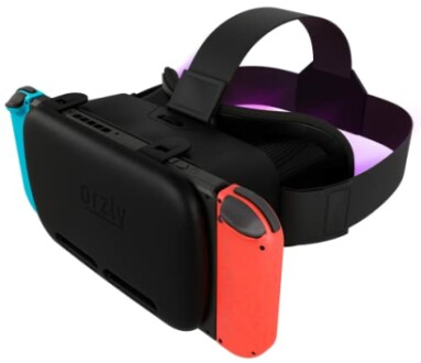 VR headset with red and blue controllers attached.