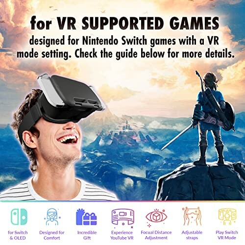 Person wearing VR headset with Nintendo Switch game background.