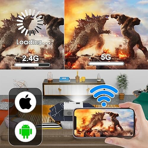 Comparison of 2.4G and 5G WiFi speeds with Godzilla scene on smartphone.