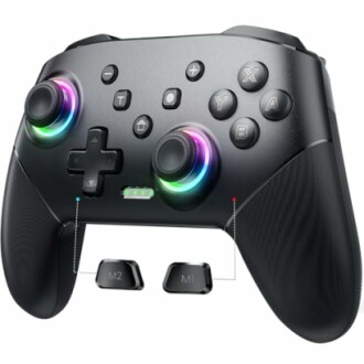 Wireless gaming controller with LED lights and extra buttons.