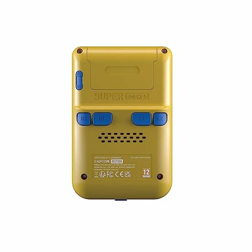 Back view of a yellow handheld gaming device with blue buttons.